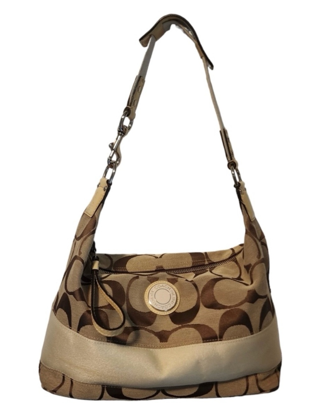 Coach Monogram Canvas Hobo in Brown and Cream